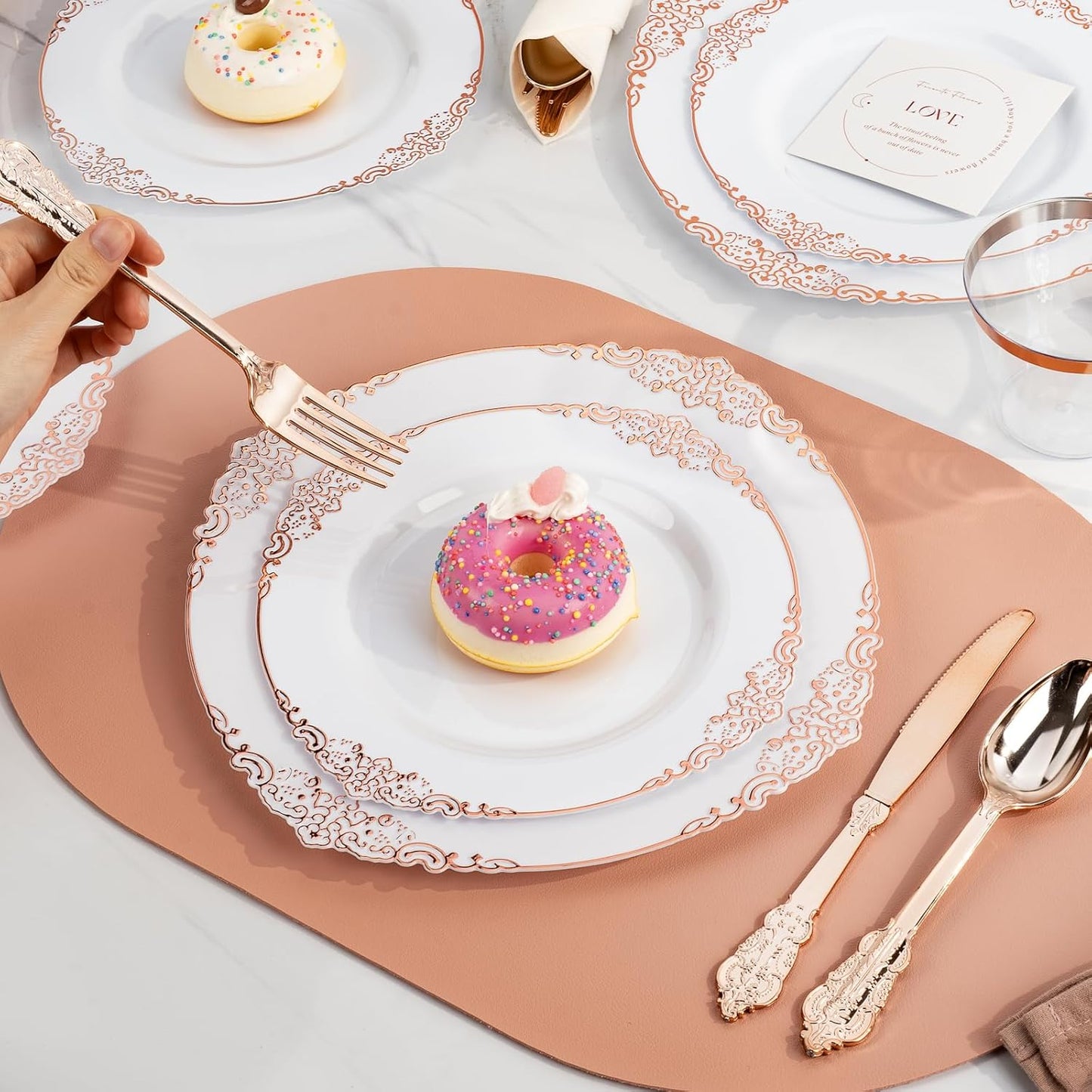 350PCS Rose Gold Plastic Plates for 50 Guests, Disposable Dinnerware Sets Include 100 Rose Gold Rim Plastic Plates, 50 Silverware and Cups, 50 Pre Rolled Napkins for Party, and Graduation