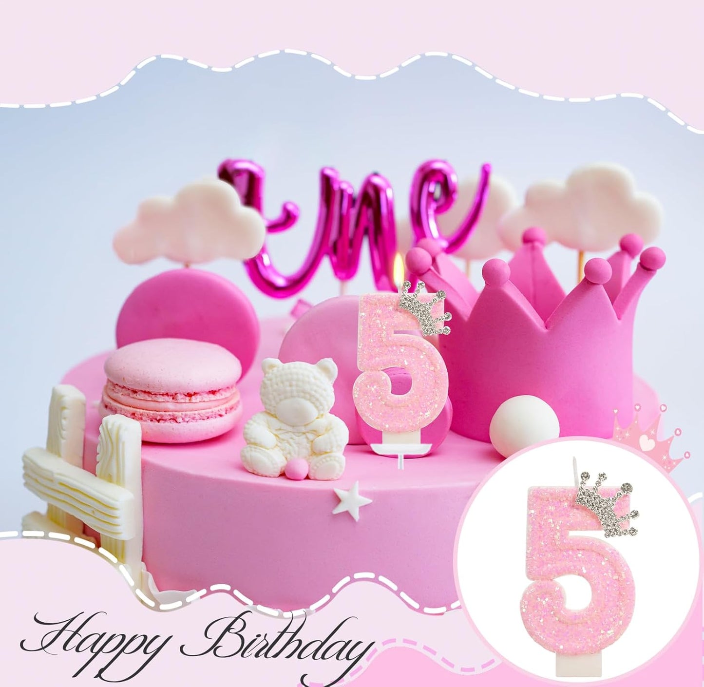 Pink Crown Birthday Candle for Cake, Pincess Birthday Party Decorations, 2.76 Inch Cake Topper for Girls Party Supplies (Number 5)
