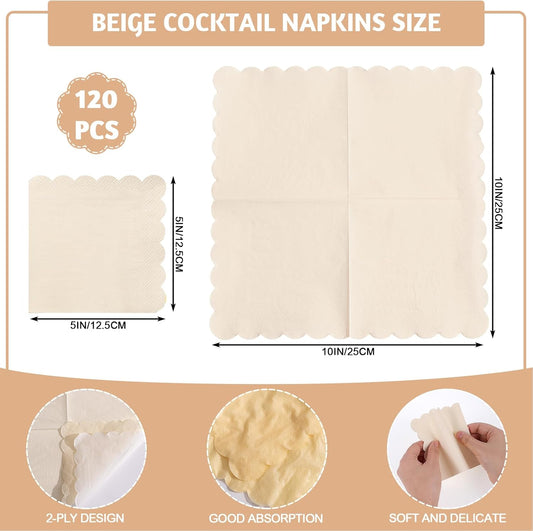 120 Pcs Ivory Cocktail Napkins Scalloped Beige Napkins Disposable Cream Dessert Beverage Napkin for Thanksgiving, Wedding, Baby Bridal Shower, Birthday