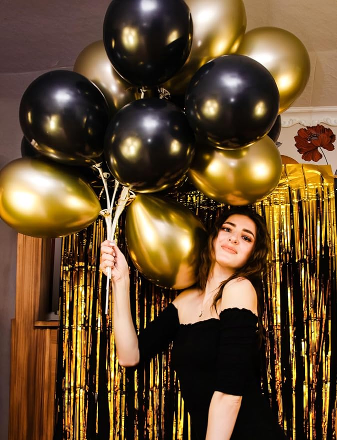 Black and Gold Balloons, 60 Pcs 12 Inch Graduation Balloons, Metallic Black Gold White Confetti Balloons, for Graduation Party 2026, Birthday, Wedding, Retirement Party Decor