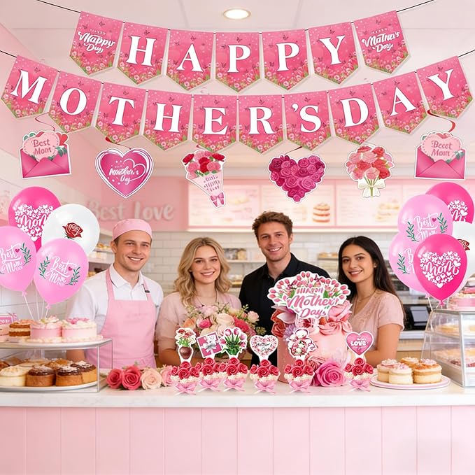Happy Mother’s Day Party Decorations, Mom Pink Party Supplies Kit with Backdrop, Banner, Cake Topper, Cupcake Picks, Balloons & Hanging Swirls for Mother’s Day Celebration