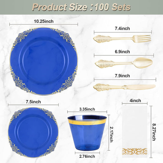 700PCS Clear Blue Plastic Plates for 100 Guests, Disposable Plates with Gold Trim include 100 Dinner plates, 100 Dessert Plates, 100 Gold Silverware, Cups and Napkins for Party, Graduation