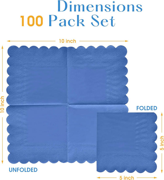 100 Pack Cocktail Napkins, 3-Ply Scalloped Edged Wedding Napkins Folded 5 x 5 Inches Dessert Napkins, Disposable Napkins for Dinner Birthday Party Bridal Anniversary Baby Shower Reception (Navy Blue)