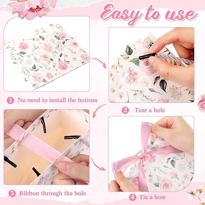 Moinchore 30 Pcs Pink Floral Paper Gift Bags with Ribbon Handles, 5.5 x 4.7 x 2.5 in Medium Decorative Favor Bags for Baby Shower, Bridal Party, Wedding, Birthday, Candy, Snacks and Small Gifts