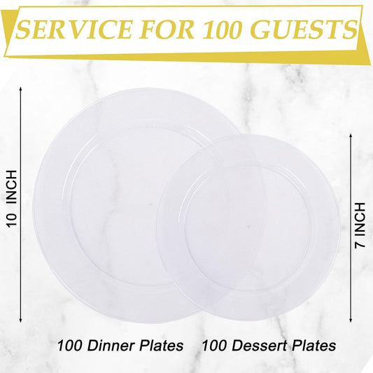 FLOWERCAT 200PCS Clear Plastic Plates Disposable Plates for Party - Heavy Duty Plastic Plates - 100 10"Dinner Plates and 100 7" Salad Plates for Weddings, Easter Parties and Events