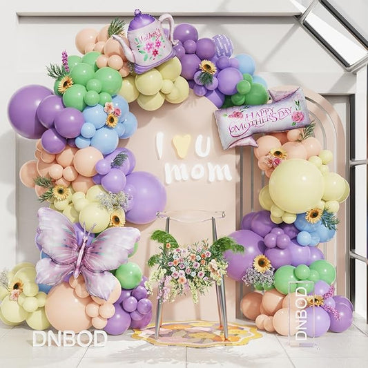 Mothers Day Decoration,160Pcs Pastel Purple Yellow Balloon Garland Arch Kit,with Butterfly,Teapot,Happy Mother's Day Foil Balloons,for Mother's Day Mom Birthday Garden Tea Party Decorations