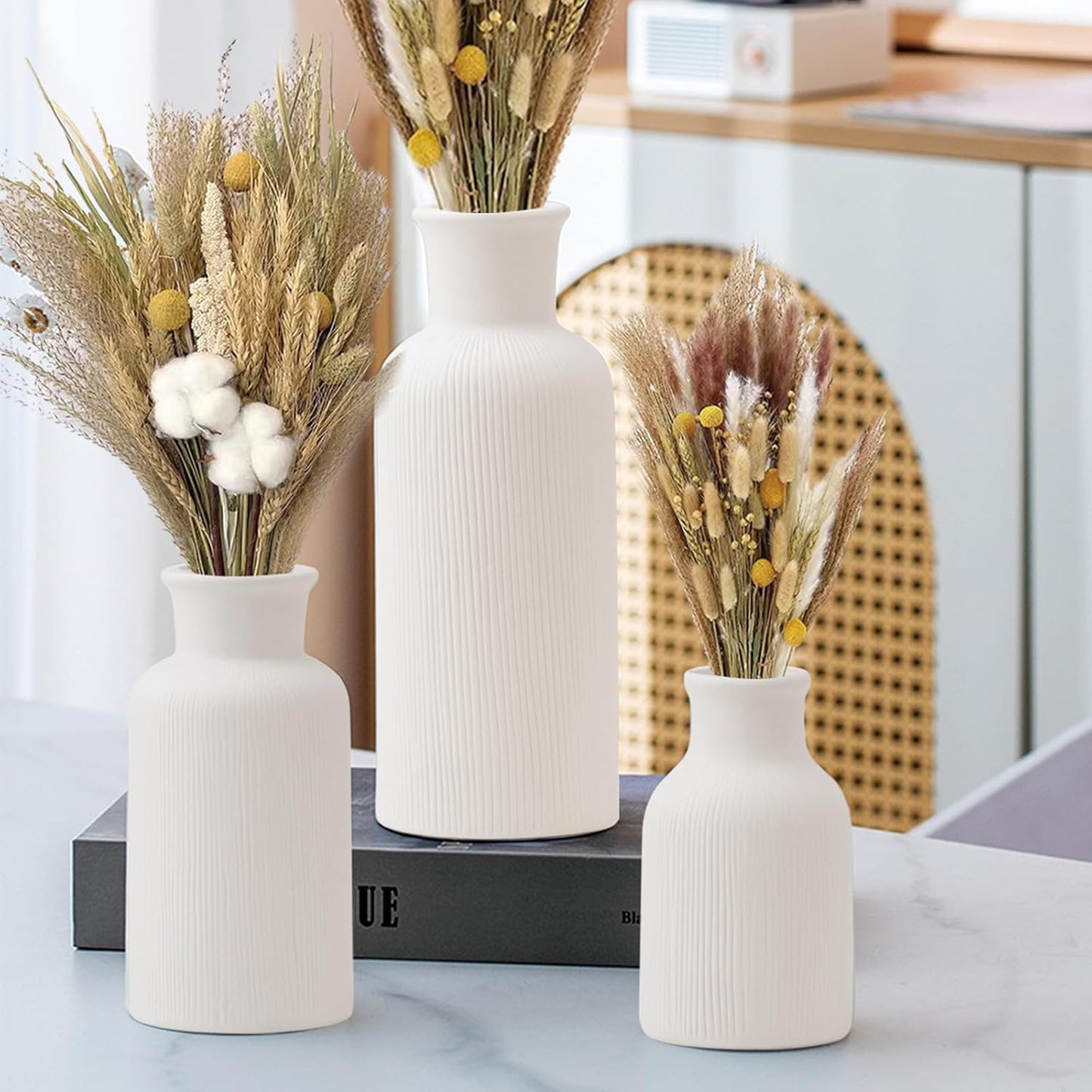 White Ceramic Vase Set of 3, Modern Ribbed Design, Pampas Vases, Table Decorations