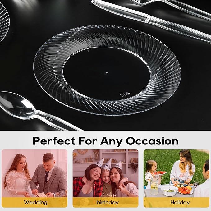 FOCUSLINE 10 Inch Clear Plastic Plates, 100 Count Disposable Heavy Duty Dinner Plates, Premium Hard Plastic for Weddings, Parties & Events