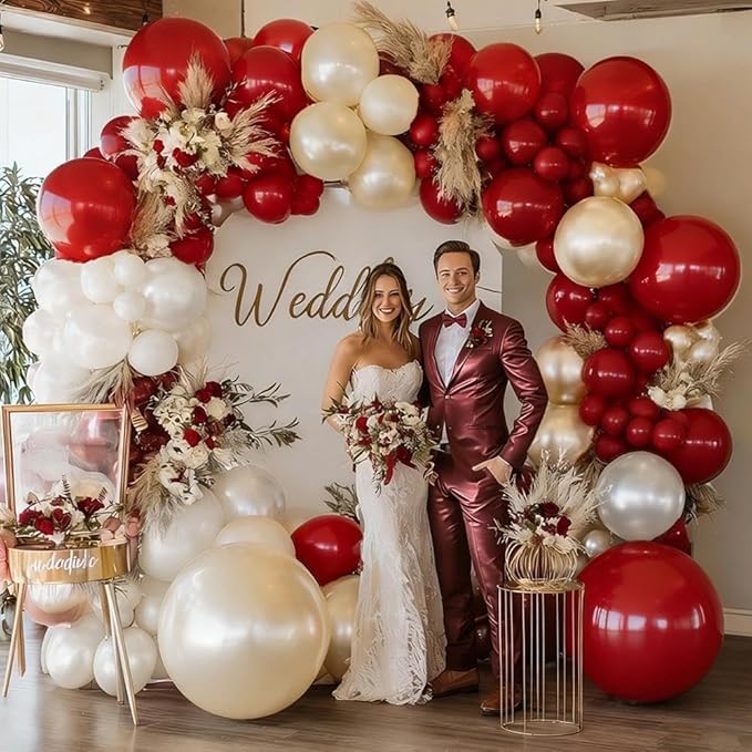 Red White Balloon Garland Double Stuffed Dark Red Pearl White Balloon Arch Kit Burgundy Balloons for Birthday Wedding Bridal Shower Engagement Mother's Day Graduation Party Decor