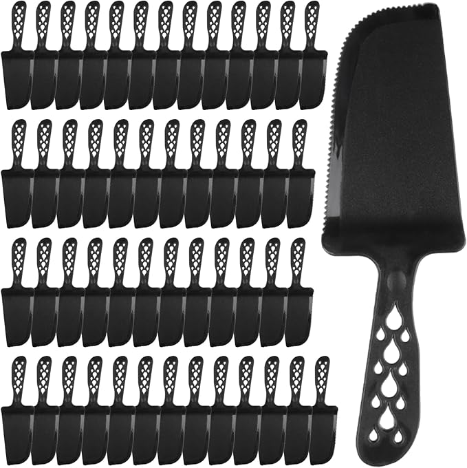 50 PCS Disposable Plastic Cake Cutter and Server 8x2.3 In Black Cake Plastic Server Cutter Plastic Cake Server Cutting for Pie Tart Cake Pizza Pastry Baking Cutter Holder Transfer for Kitchen Wedding