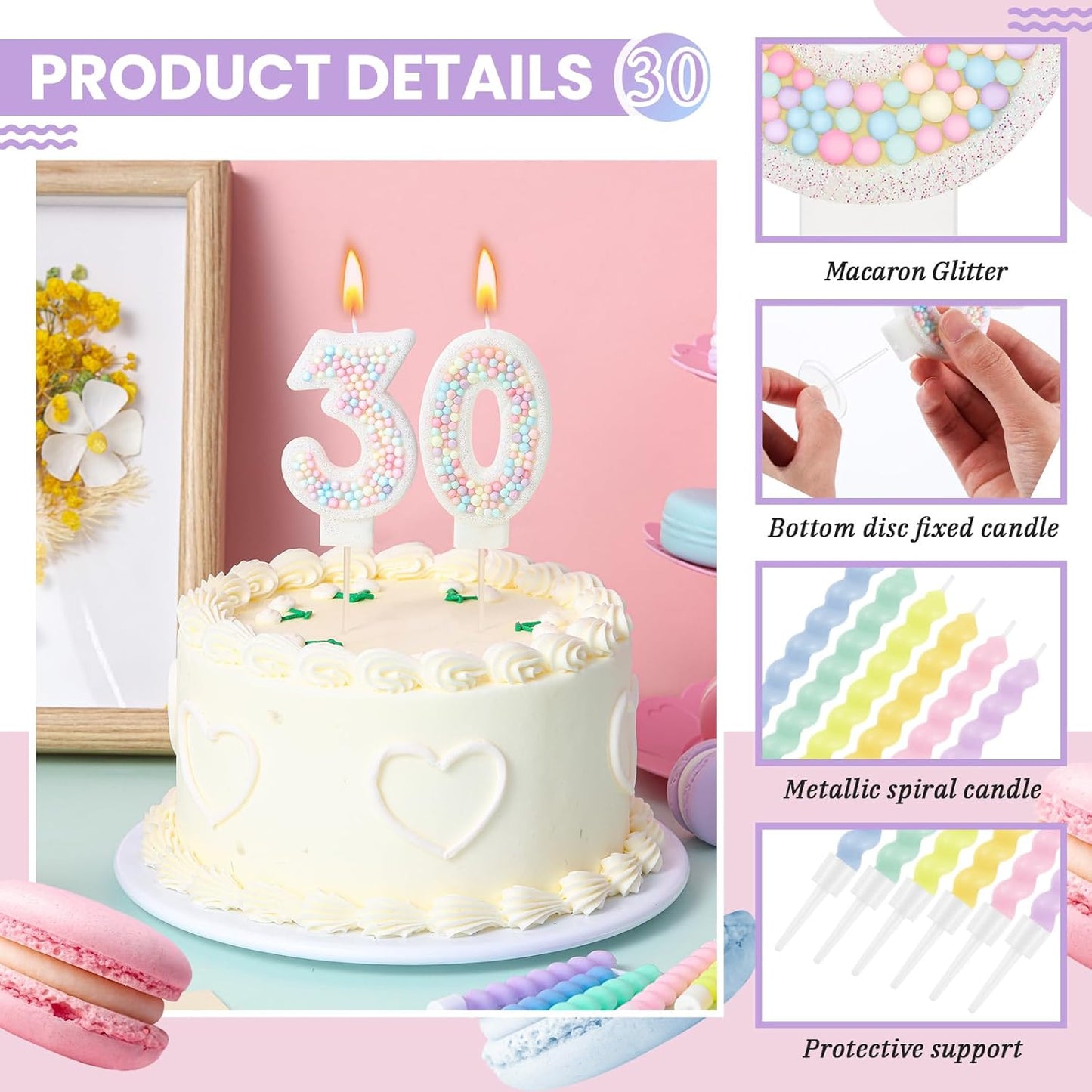 MTLEE Number 30 Birthday Candle with 12 Pcs Spiral Candles for Girls Macaron Pastel Rainbow Unicorn Pink Cake Topper for Sweet Theme Party Decoration