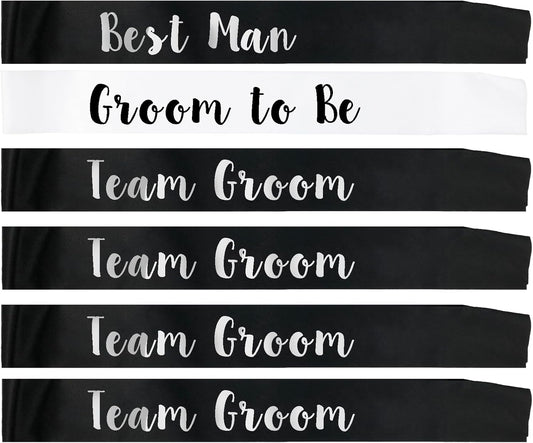6 PACK Bachelorette Sashes for Groom and Groomsmen, Black Best Men Team Groom Sashes for Men Bachelor Party Decorations Favors Suppiles, Silver Letter