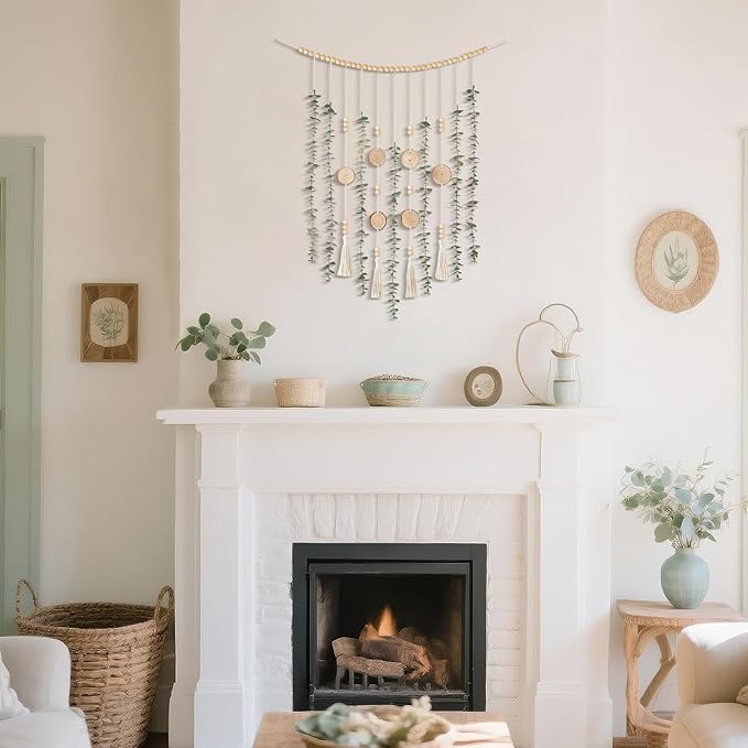 Dahey Hanging Artificial Plant Eucalyptus Wall Decor 31'' Wooden Bead Garland with Fake Greenery Leaves Boho Rustic Farmhouse Wall Art for Living Dining Room Bathroom Bedroom Kitchen Decoration