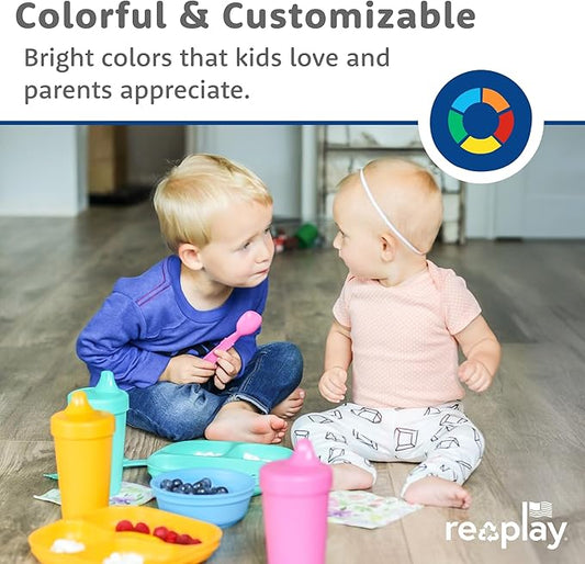 Re-Play Toddler Plates with Dividers - Deep-Walled 3 Compartments Divided Plates for Kids with 3 Lids - Dishwasher & Microwave Safe - Made in USA - Set of 3-7.37" x 7.37" x 1.25" - Berry