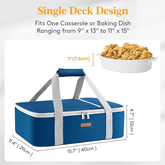 LUNCIA Insulated Casserole Carrier for Hot or Cold Food, Lasagna Lugger Tote for Potluck Parties/Picnic/Cookouts, Fits 9"×13" Baking Dish, Pure Blue