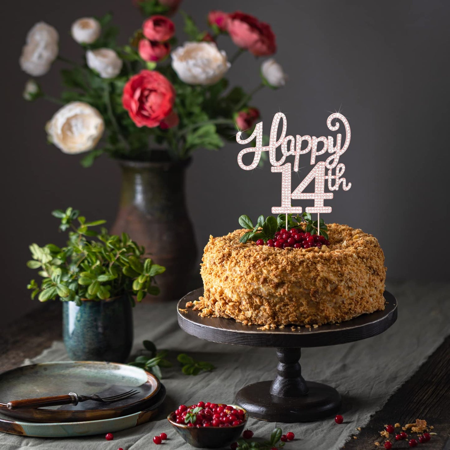 LASKYER Happy 14th Birthday Rose Gold Rhinestone Cake Topper - 14th Birthday/Anniversary,Cheers to Fourteen Years Old Bday Party Metal Sparkly Centerpieces Decorations.