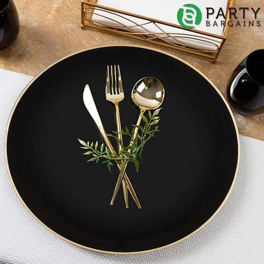 PARTY BARGAINS 13-Inch Charger Plates - 8 Pack, Organic Collection Black Gold Rim, Heavy-Duty Disposable Chargers for Elegant Dining - Ideal for Weddings and Formal Events