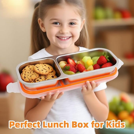 Stainless Steel Snack Containers with Lids, Reusable Condiment Storage Box, Divided Food Storage for School, Home, Travel, Multiple Compartment Leak-Proof Box (2 Compartment 3PCS)