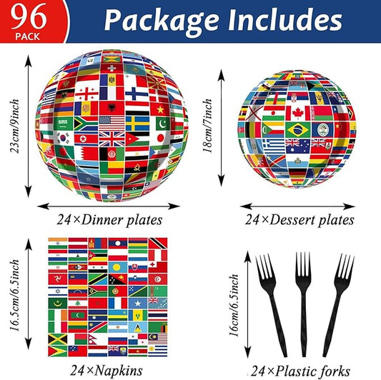 OBUSATT 96 Pcs International World Flags Party Supplies Country Flag Paper Plates Travel Trip Around the Globe and Napkins Forks party decorations for Birthday Baby Shower Serves 24 MG0165