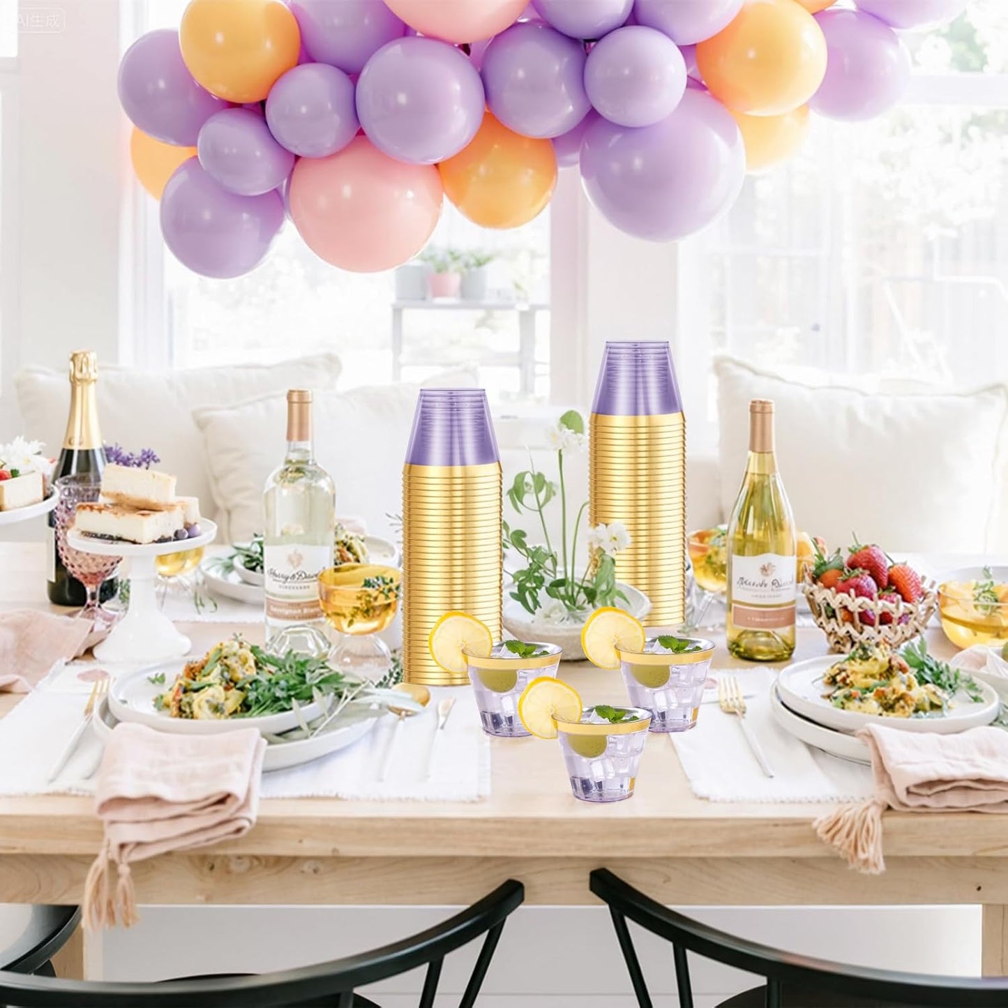 supernal 100 Pack Purple Plastic Cups, 9 Oz Clear Purple Disposable Cups with Gold Rimmed - Plastic Wine/Cocktail Glasses, Disposable Bridal/Shower Baby Shower Cup Perfect for Party & Wedding