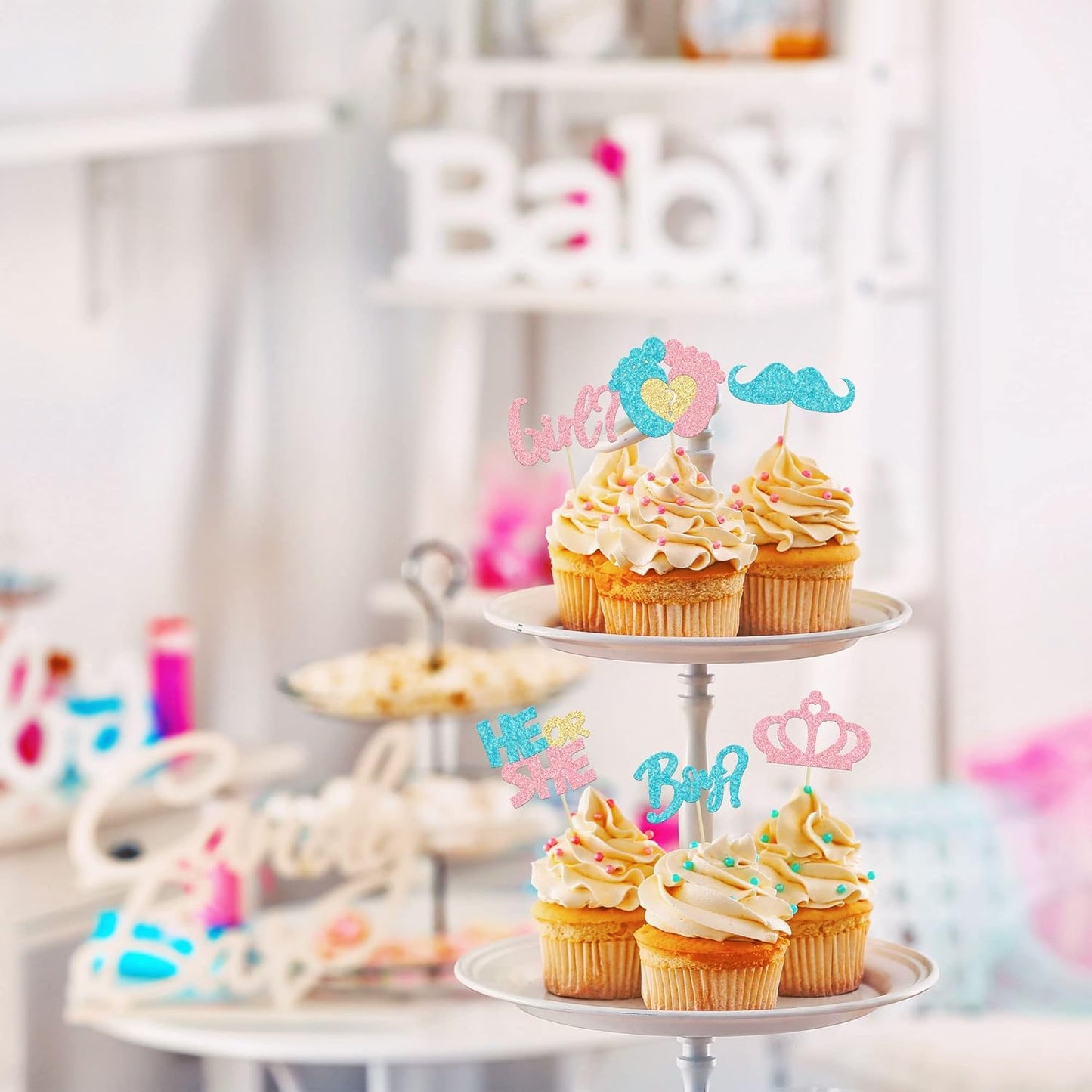 24Pcs Boy or Girl Cupcake Toppers Pink Blue Glitter Crown Moustache Baby Shower Cupcake Picks He or She Footprint Cake Topper Decorations for Gender Reveal Theme Baby Shower Kids Birthday Party
