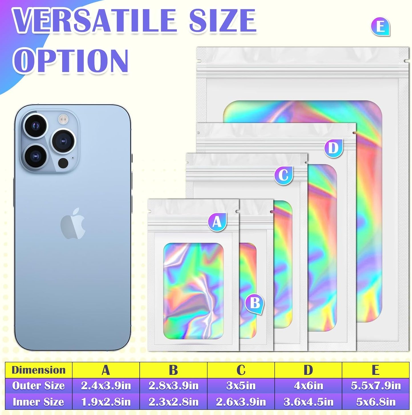 300 Pcs Mylar Bags, Smell Proof Bags Foil Pouch, Holographic Resealable Bags for Small Business, Candy Sample Jewelry Bag Sealable Packaging for Party Favor Food Storage (5.5x7.9in-White)