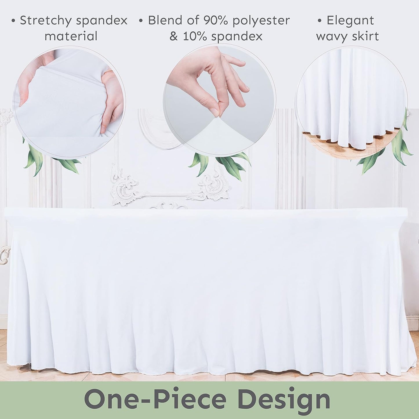 2 Pack Table Skirt for Rectangular Tables 8ft - Wedding Spandex Tables Covers for Standard 8 Foot Table - One Piece Fitted Elastic Tablecloth - Great for Party, Event,Trade Show (Pack of 2, White 8ft)