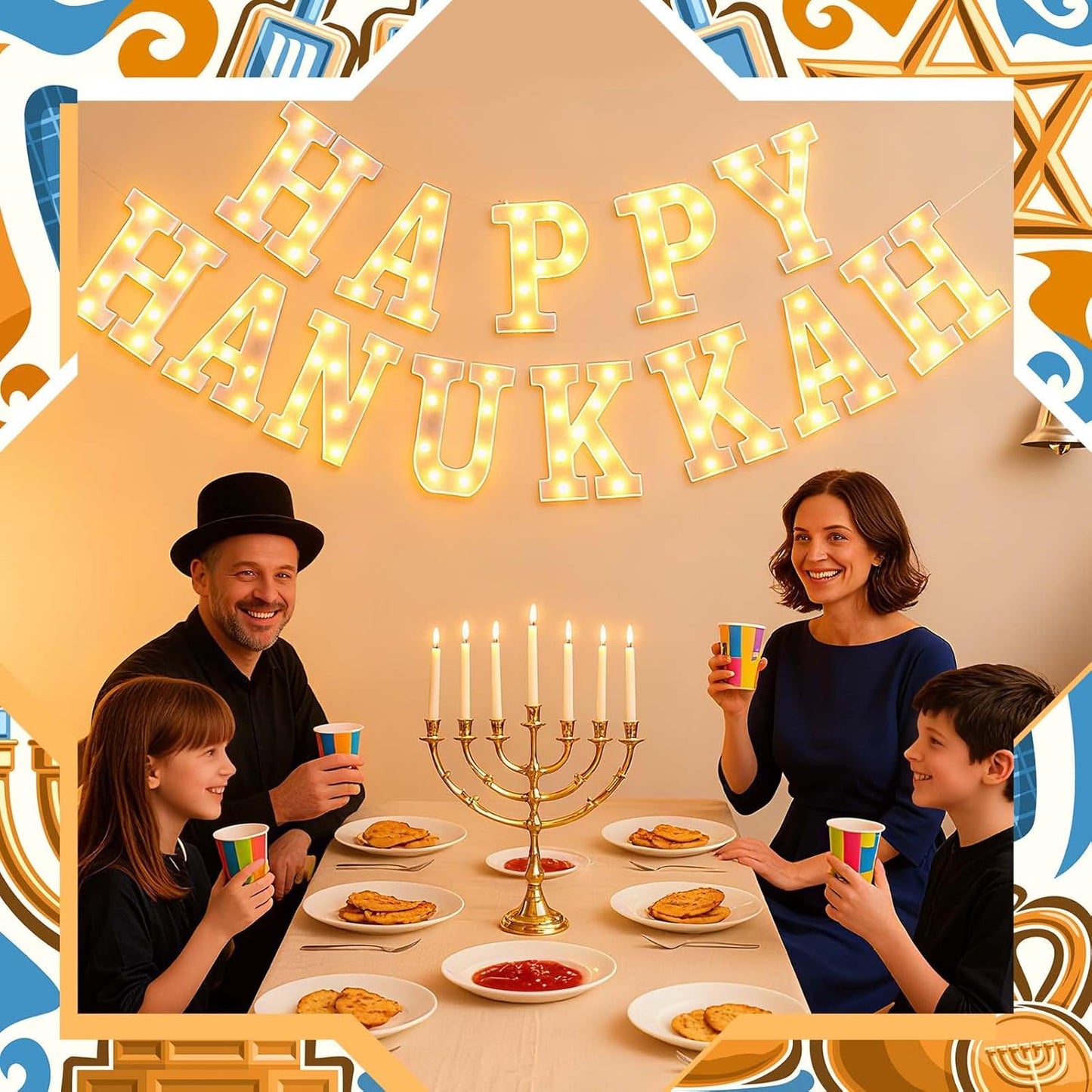 13 Pcs Happy Hanukkah Large LED Letter Sign LED Lights Battery Powered Jewish Table Decoration for Chanukah Party Jerusalem Party Decor