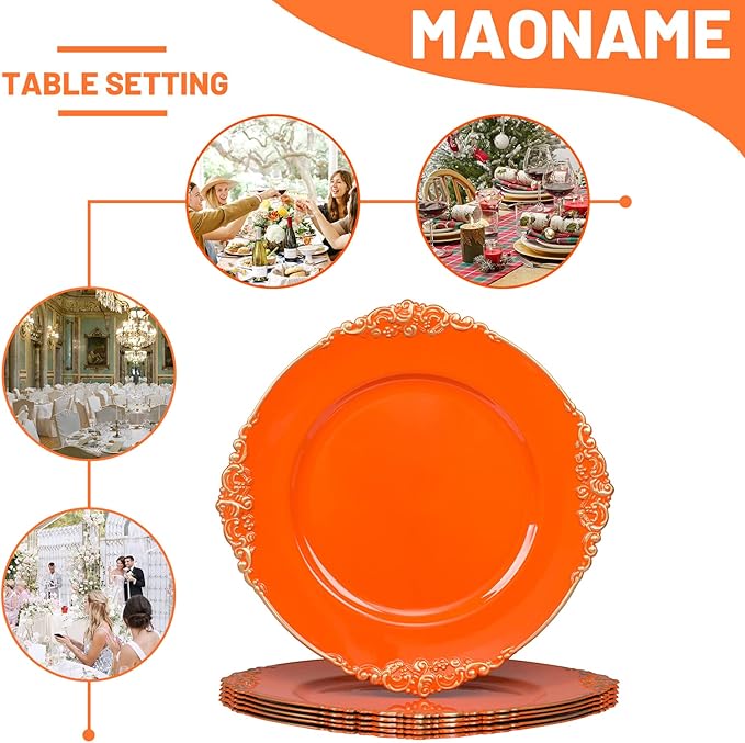 MAONAME Orange Charger Plates with Gold Rim, Round Antique Plate Chargers for Dinner Plates, 13" Plastic Charger for Wedding Table Setting, Set of 6