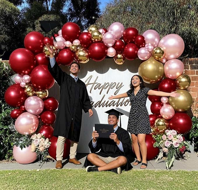 Burgundy Pink Balloon Arch Kit, Double Stuffed Ruby Red Pearl Pink Gold Balloon Garland Wine Red Maroon Balloons for Mother's Day Wedding Engagement Bridal Shower Birthday Graduation Party Decor