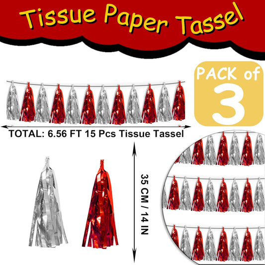 3P Red Silver Tassel Banner Garland Metallic Foil Fringe Banner Tinsel Tassels Streamer Banner Backdrop for Parade Floats, 2025 Graduation Decorations, Father's Day, Wedding Party Decoration