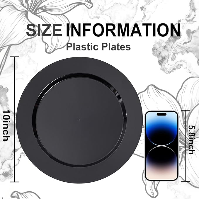 100PCS Black Plastic Plates, 10 Inch Disposable Dinner Plate Party, Heavy Duty Disposable Plastic Plates for Party, Wedding and Birthday