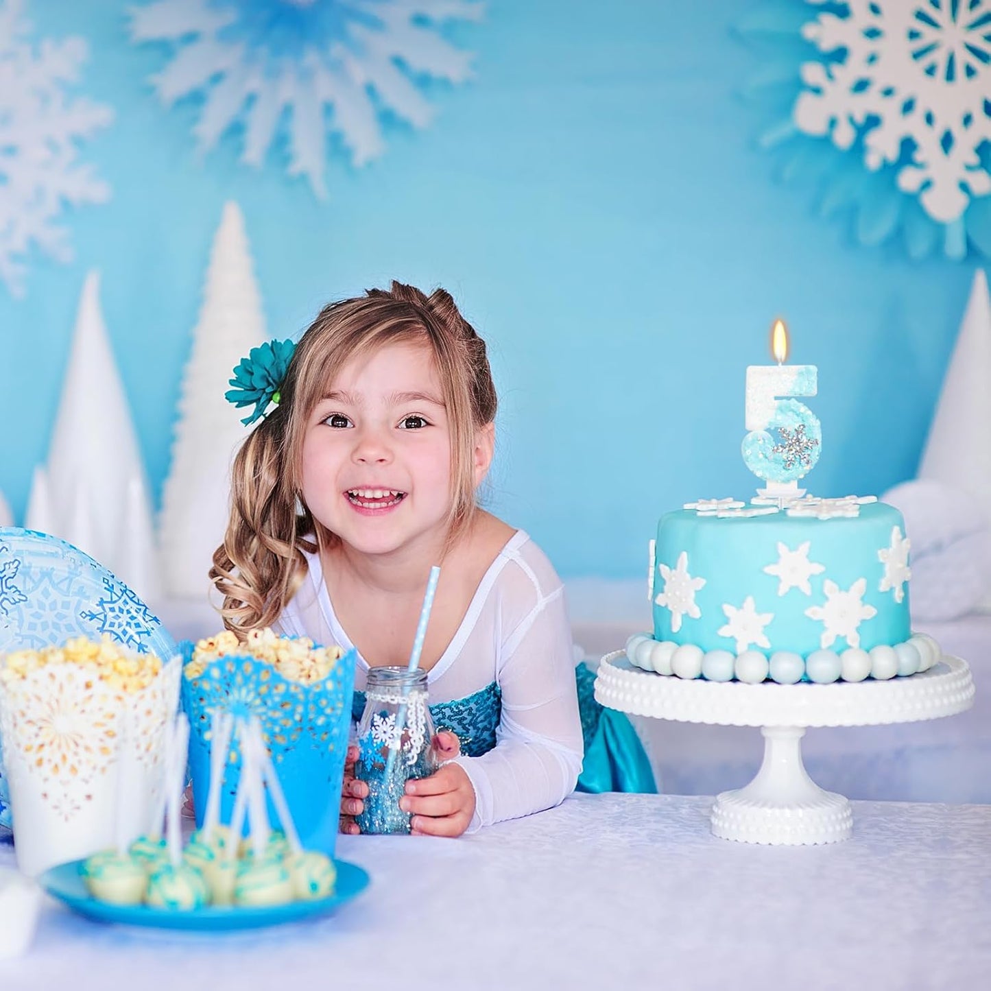 Sky Blue Frozen Themed Birthday Candles, Birthday Candles for Party Supplies, 2.76 inch Number 5 Candle Cake Topper Decoration (Number 5)