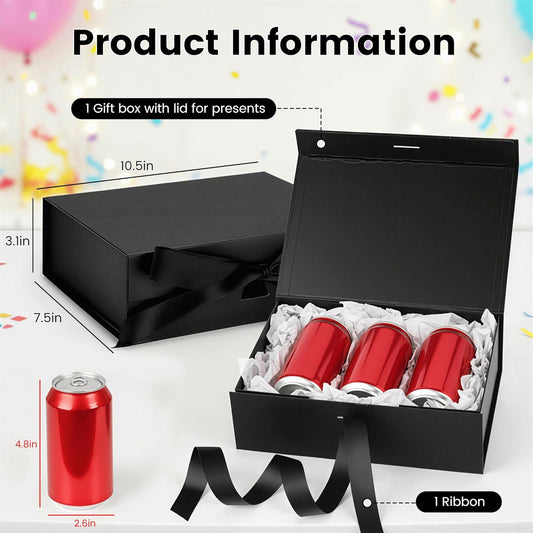 JOHOUSE Black Gift Box 10.5x7.5x3.1 Inches Gift Boxes with Lids for Presents Magnetic Closure Collapsible with Ribbon For men Groomsman Proposal Birthday Halloween Box