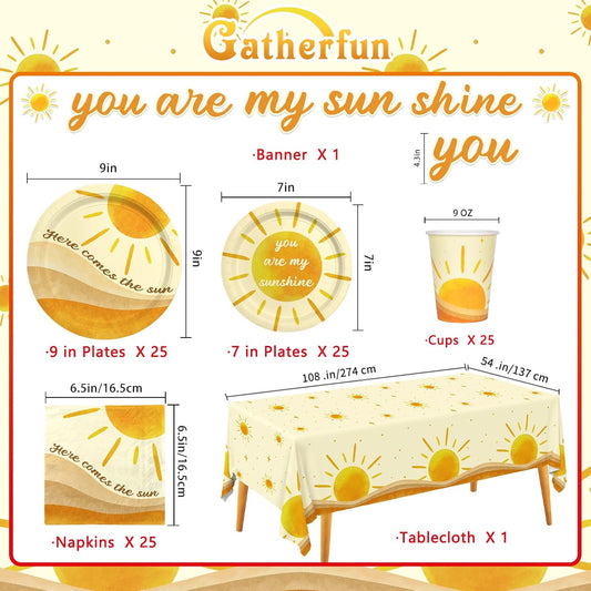 Boho Sun-Theme Birthday Party Supply Set; Complete Baby Shower Decorations with Sunshine Disposable Paper Plates, Cups, Tablecloth, Banner and Napkins for 25; Boho Baby Shower Party Decorations.
