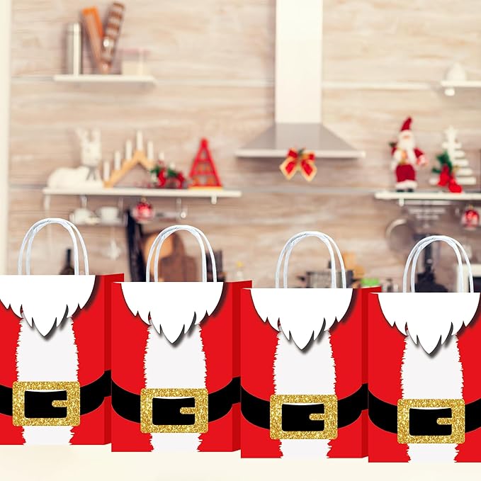 HongXingHai 8Pcs Fine Christmas Kraft Paper Gift Bags With Handles - Holiday Prints for Xmas Goody Bags Party Favors