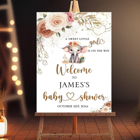 Personalized Baby Shower Sign For Girl, Floral Baby Shower Welcome Sign, Wildflower Baby Shower Sign Decorations, Flower Baby Shower Decor, Pink Elephant Baby Shower Sign
