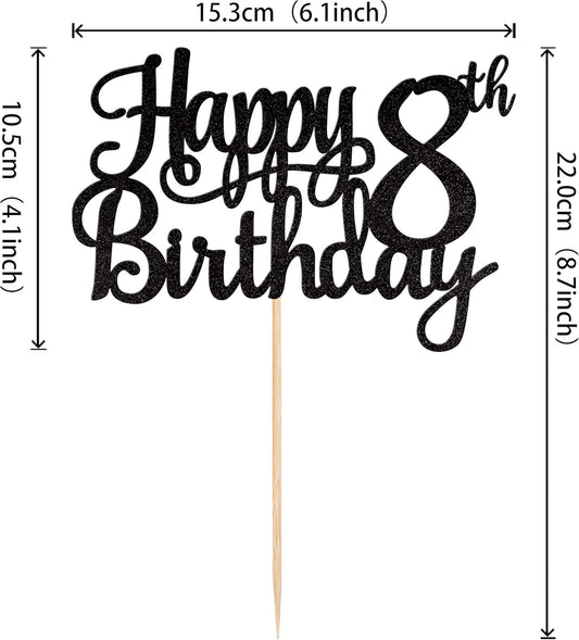 1 PCS Happy 8th Birthday Cake Topper Glitter Cheers to 8 Years Cake Pick Number 8 Fabulous Cake Decoration for 8th Birthday Theme Party Decorations Supplies Black