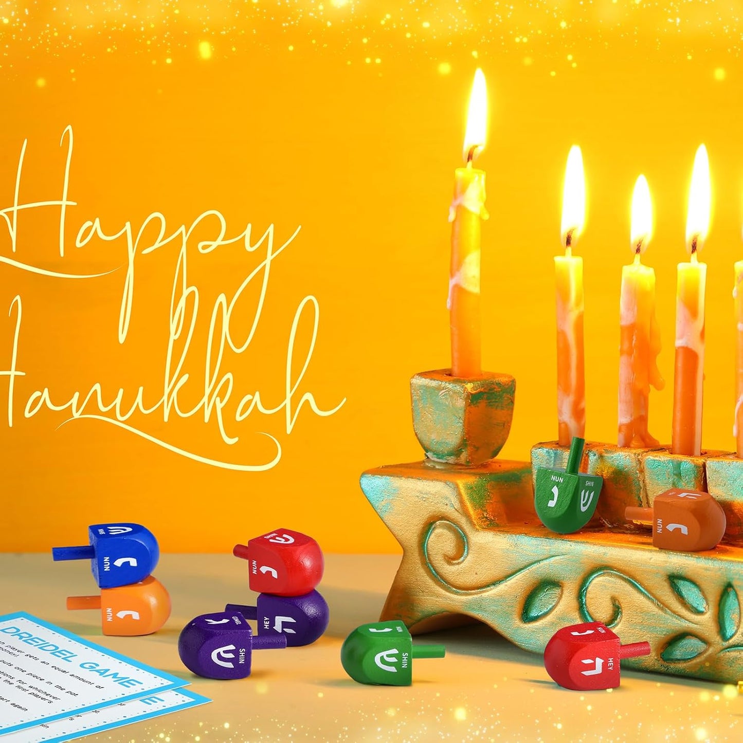 Wettarn 100 Pieces Hanukkah Dreidels Bulk Wooden Hanukkah Dreidels with Game Instruction Cards for Party Game (Size 1,Rainbow Style)