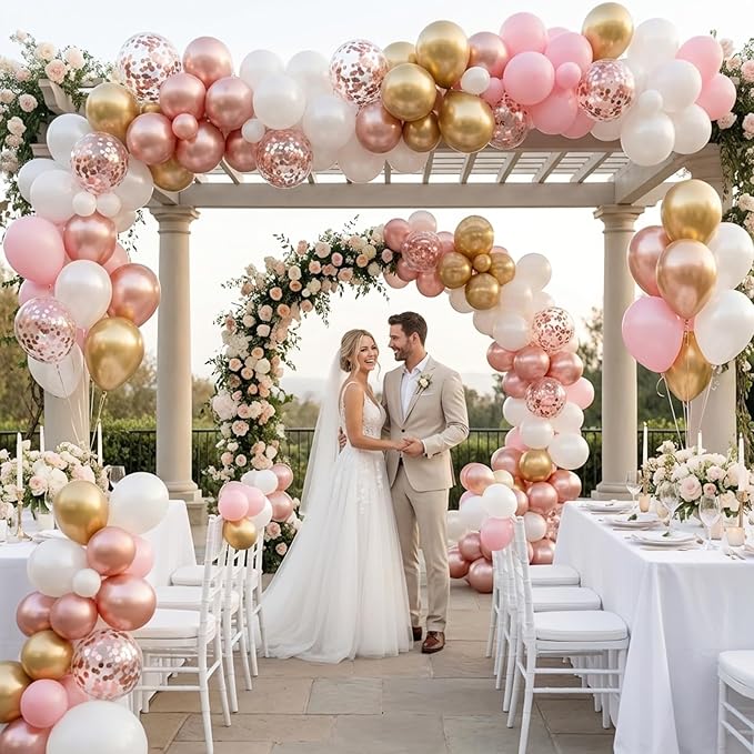 Rose Gold Balloons Arch Kit,130pcs Pearl Metallic Rose Gold Balloon Garland,Different Sizes White and Gold Latex Balloons for Wedding Bridal Baby Shower Birthday Party Decorations for Women