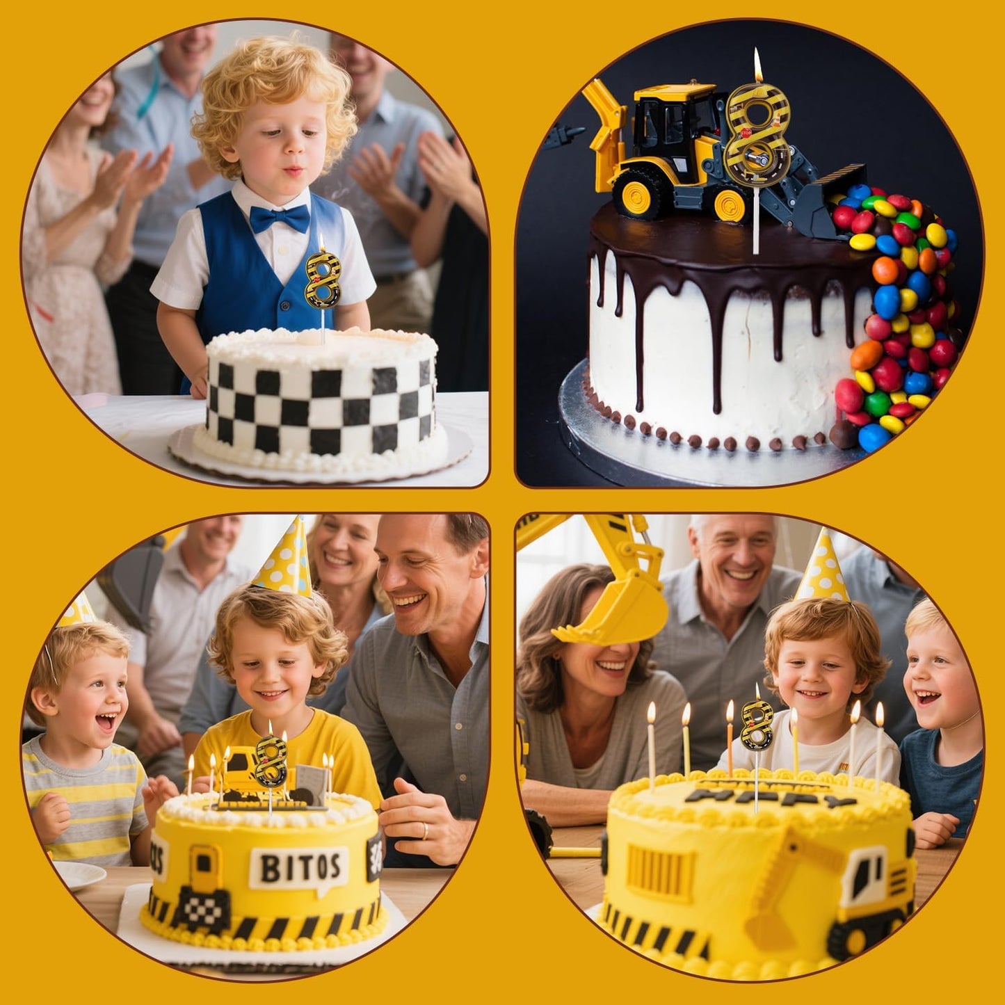 Construction Birthday Number Candles, Yellow & Black Striped Cake Topper Building Theme Party Decorations for Graduation Anniversary Celebration (Number 8)