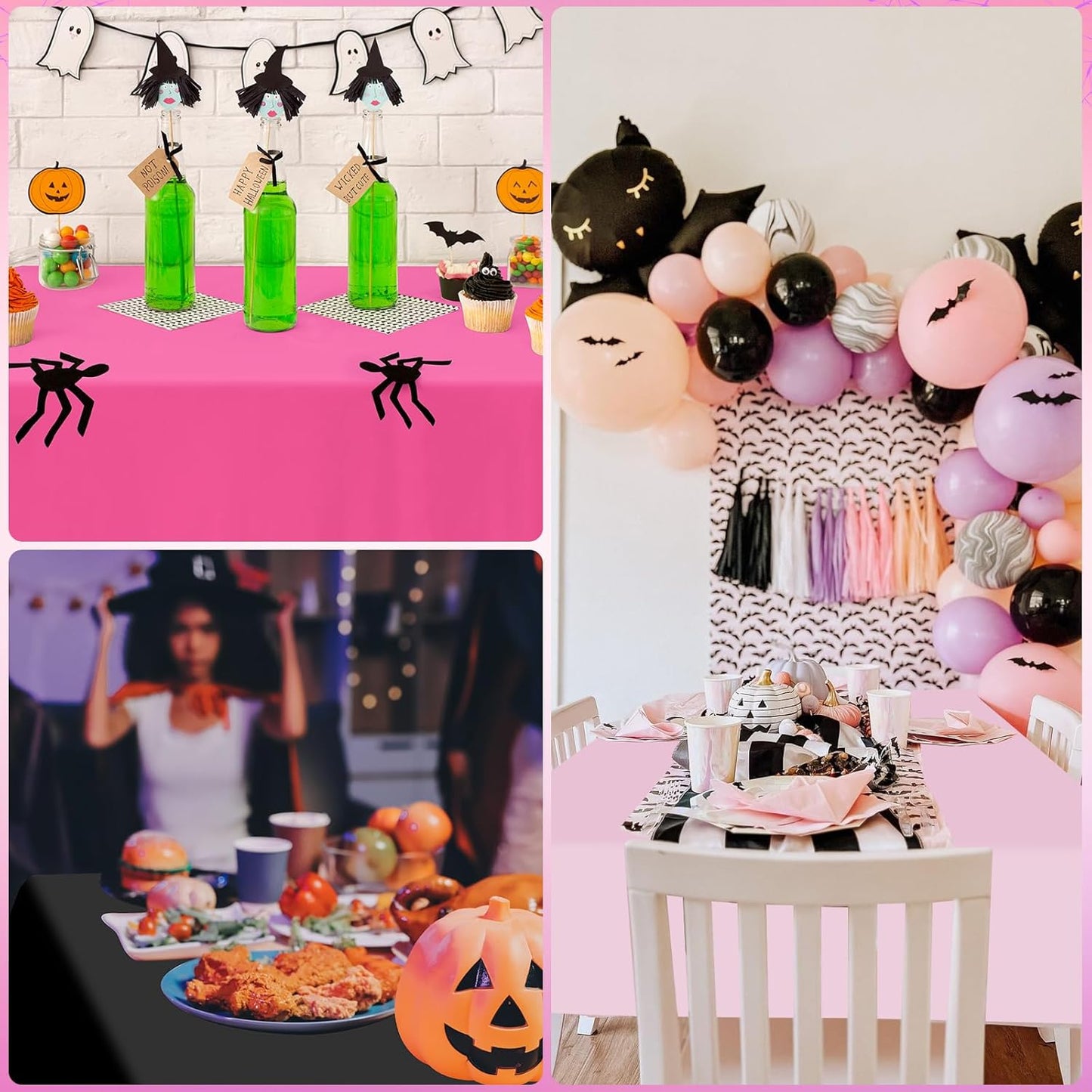 12 Pack Halloween Pink and Black Plastic Tablecloth for Rectangle Tables, Pink Black Disposable Table Cover, Rectangle Table Cloth for Girls Halloween Baby Shower Birthday Party Supplies Decorations