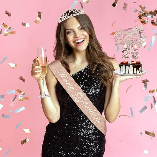 25th Birthday Decorations for Women Include 25th Birthday Sash and Tiara, Cake Topper and Candles, Number Balloons, Greeting Card, 25 Year Old Gifts for Women