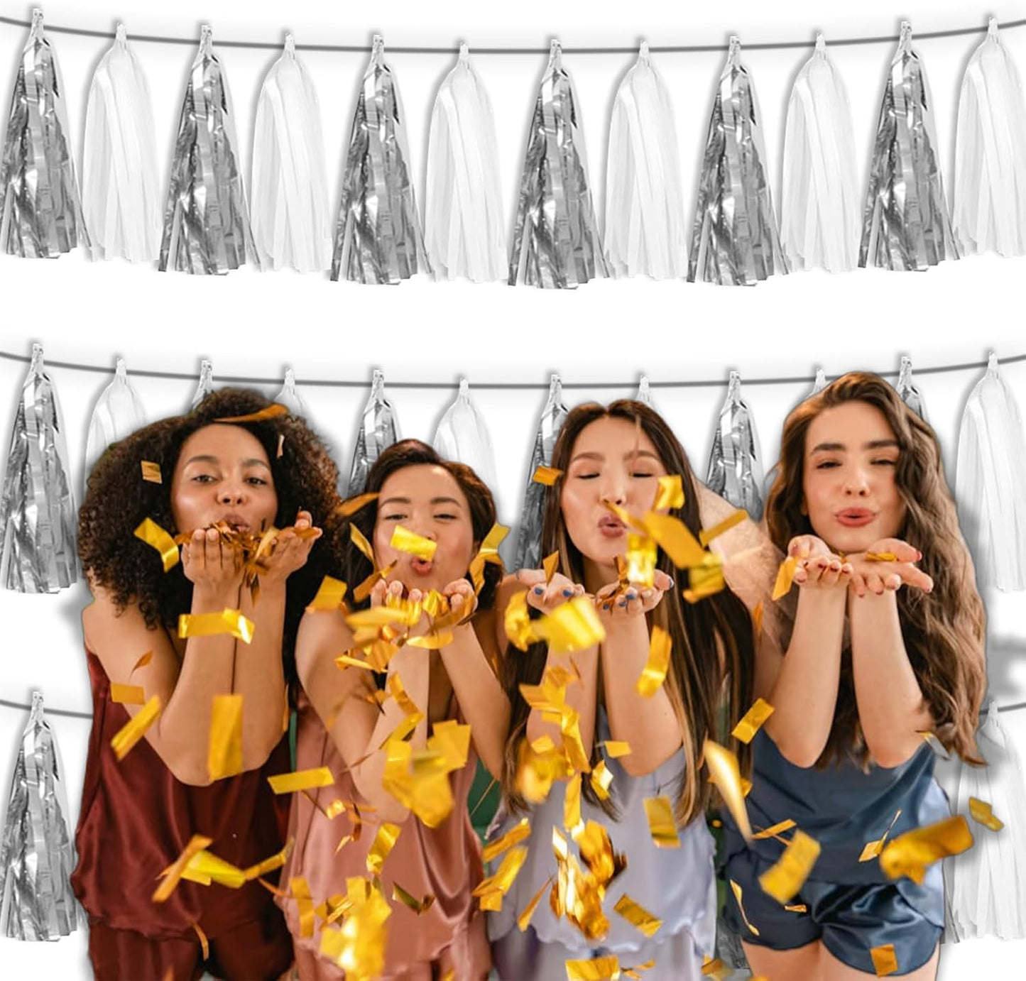 3P White Silver Tassel Banner Garland Metallic Foil Fringe Banner Tinsel Tassels Streamer Banner Backdrop for Parade Floats, Graduation Bridal/Baby Shower Retirement Party Decorations