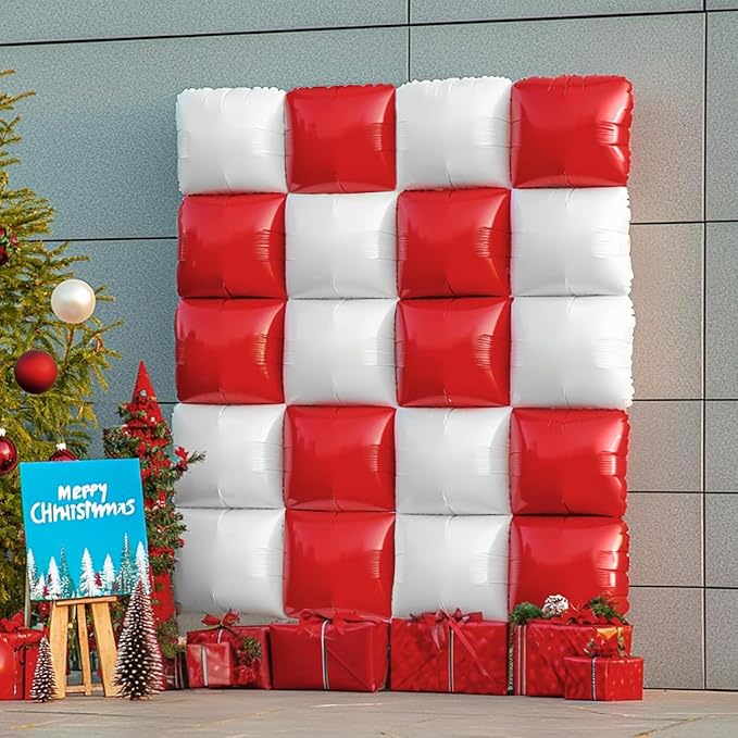 NISOCY 25PCS Red White Square Foil Balloons Wall Double Backdrop Sided Red Pearl White Balloon Tunnel Arch Kit for Christmas Birthday Valentine's Day Baby Shower Wedding Party Decorations