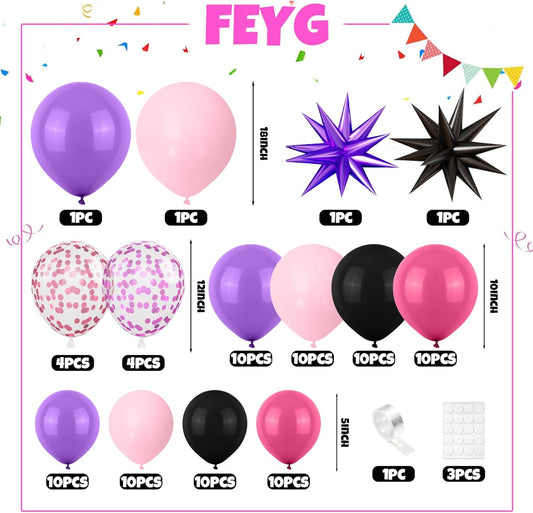 Hot Pink and Purple Balloon Arch Kit, Black Hot Pink Purple Balloons Garland Kit Latex Party Balloons with Confetti Balloon Star Balloons for Girls Birthday Party Baby Shower Party Decoration