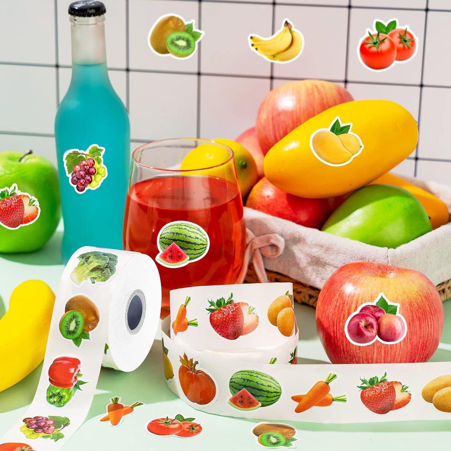 1200Pcs Fruit Vegetable Stickers, Cute 16 Styles Food Stickers for Kids, Colorful Waterproof Vegetable Sticker for Kids Teachers Classroom Rewards, Scrapbooking, DIY Crafts(2 Rolls)