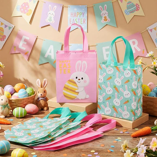 Wovnet 30 Pcs Easter Gift Bags Pastel Colors Easter Bunny Goodie Treat Tote Bags with Handle Reusable Non Woven Rabbit Carrots Party Favor Pouch for Spring Party Supplies 10 x 8 x 4in