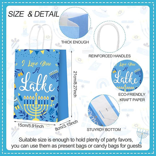 Outus 48 Pcs Hanukkah Party Favor Bags Chanukah Gift Goodie Paper Bags with Handles Jewish Menorah Blue Star of David Dreidel Candy Treat Pouch for Happy Hanukkah Party Decorations Supplies