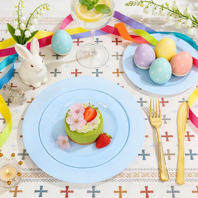 FLOWERCAT 60PCS Light Blue Heavy Duty Plastic Disposable Party Plates Set – 30pcs 10.25″ Dinner & 30pcs 7.5″ Dessert Plates – Durable Blue Tableware for Easter Parties, Wedding, BBQ & Baby Shower